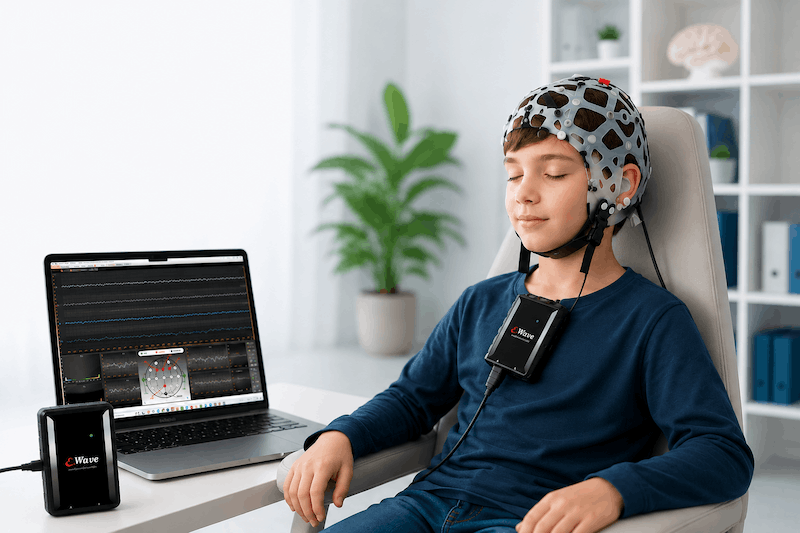 Clinician reviewing QEEG brain maps for ADHD neurofeedback treatment